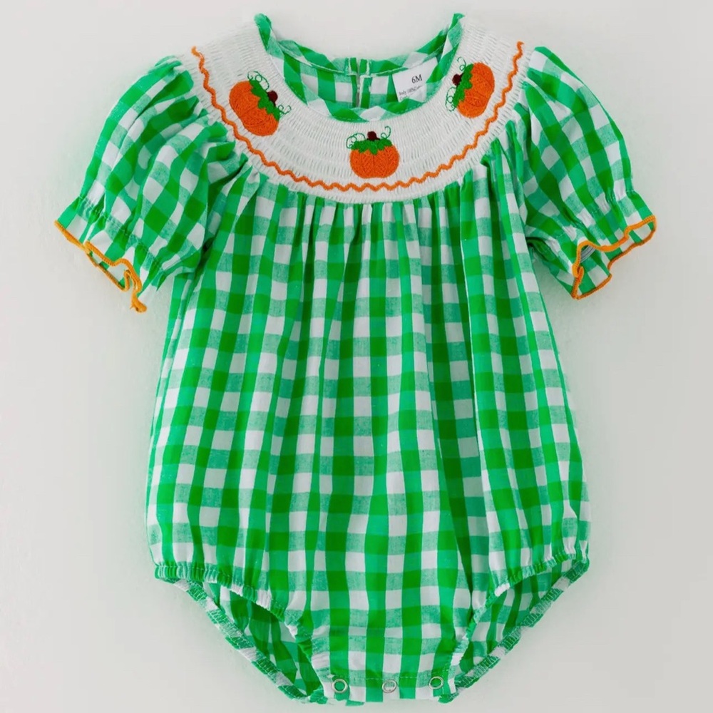 Green Gingham Smocked Baby Romper with Pumpkin Embroidery